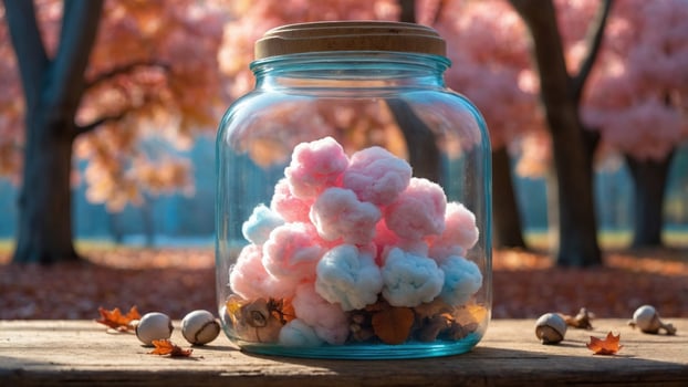 Colorful cotton candy in a glass jar surrounded by autumn leaves in a serene park setting photo