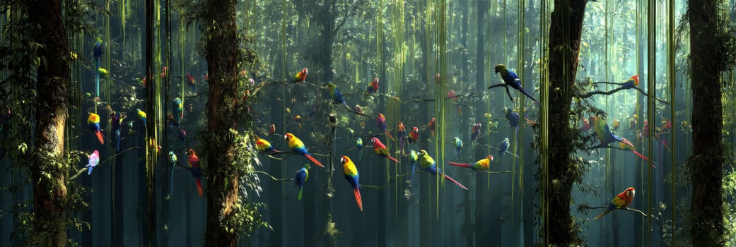 Colorful Tropical Birds Flying in Lush Rainforest with Sunlight Filtering Through Dense Foliage photo