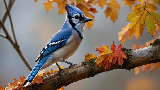 Blue Jay perched on a branch surrounded by vibrant autumn leaves, showcasing nature's beauty photo