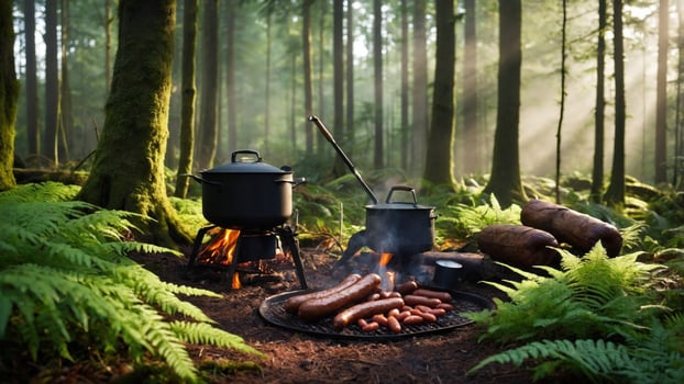 Serene forest campsite with cooking pots and sausages sizzling over an open fire amidst lush greenery photo