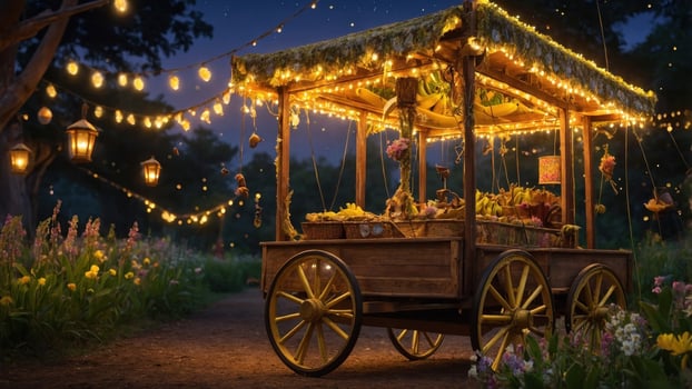 A cart with a basket of fruit and flowers on it photo