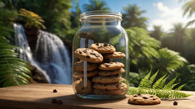 A glass jar filled with chocolate chip cookies placed on a wooden table near a tropical waterfall photo