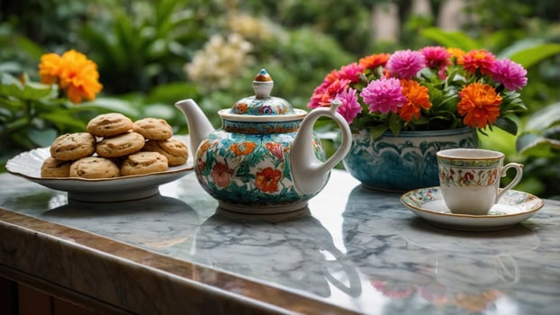 A serene afternoon tea setup featuring a floral teapot, cookies on a plate, and vibrant flowers in the background photo