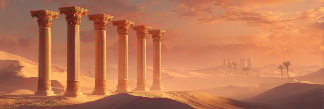 Ancient ruins with classical columns standing in a tranquil desert landscape at sunset, evoking a sense of historical mystery and beauty photo
