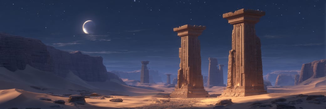 Majestic Desert Landscape with Ancient Pillars Under Starry Night Sky and Crescent Moon Lighting the Sand Dunes photo