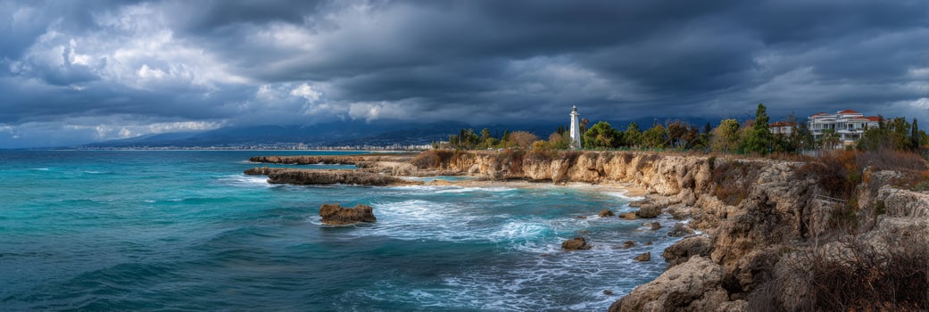 Dramatic Coastal Landscape with Turbulent Sky and Rocky Shoreline Overview photo