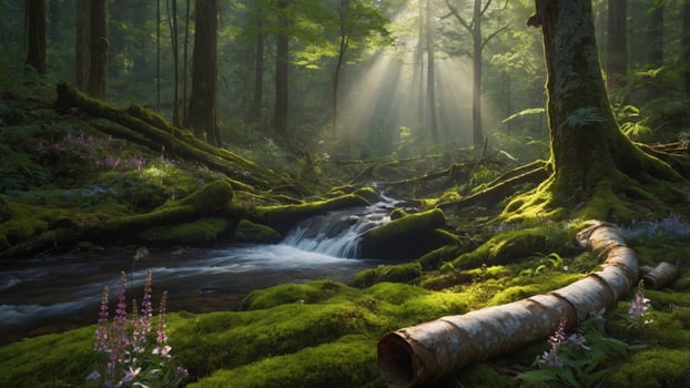Tranquil forest scene with sunlight streaming through trees, a gentle stream flowing, and vibrant flora photo
