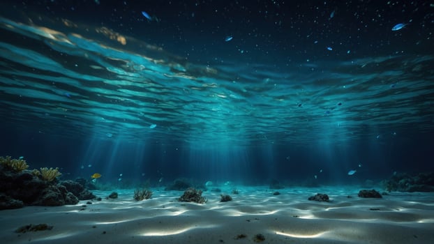 Serene underwater scene showcasing sunlight rays penetrating the ocean surface over sandy seabed photo