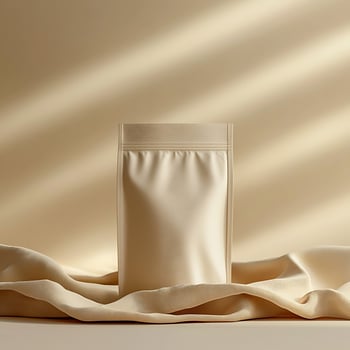 Minimalist Blank Cream Pouch Display with Subtle Drapery and Light Accents photo