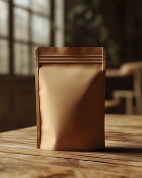 Blank Kraft Paper Pouch Standing Upright in Natural Light Setting photo