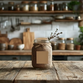 Rustic Glass Jar Decorated With Burlap Cover and Label in Cozy Kitchen photo