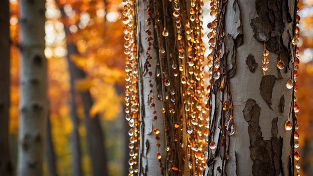 Glimmering droplets hang from birch trees in a vibrant autumn forest with colorful foliage photo