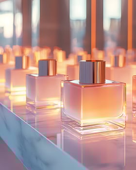 Elegant Display of Perfume Bottles with Soft Warm Lighting and Reflection photo
