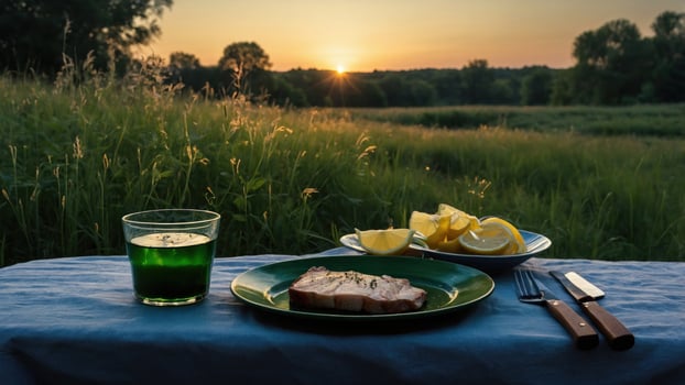 A serene outdoor dining scene featuring a plate of grilled fish with lemon slices and a green drink at sunset photo