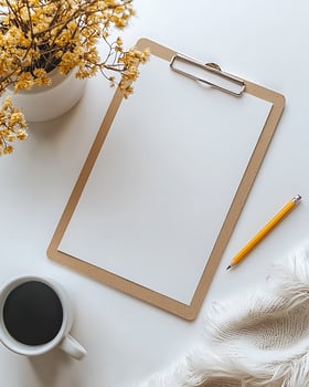 Minimalist Workspace with Clipboard, Coffee Mug, and Writing Tools photo