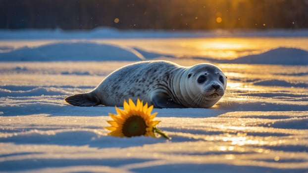 A serene seal resting on snowy terrain beside a vibrant sunflower, illuminated by sunset glow photo