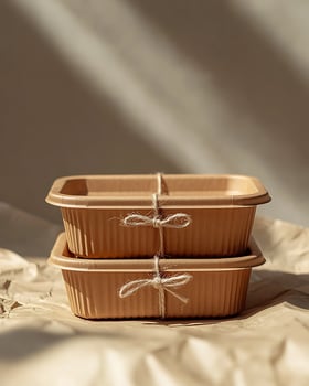 Stack of Eco-Friendly Brown Containers Tied with String in Sunlight photo
