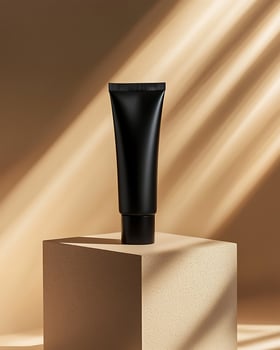 Elegant Black Tube of Cosmetics Displayed on a Beige Textured Surface photo