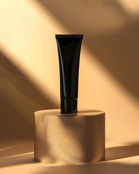Elegant Black Cosmetic Tube Displayed on Minimalist Beige Pedestal photo