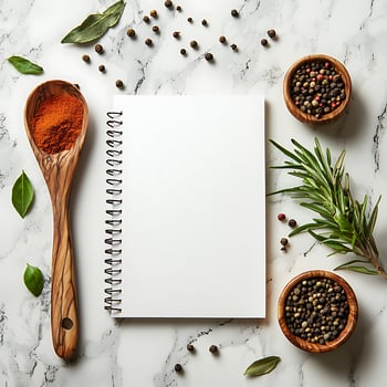 Blank Spiral Notebook and Spices on Marble Kitchen Counter photo