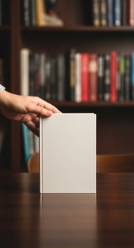 Hand holding a blank white book in a library photo