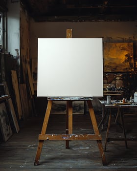 Blank Canvas on Easel in Artist's Studio with Creative Supplies Around photo