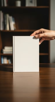 A hand holds a blank white book in front of a bookshelf photo