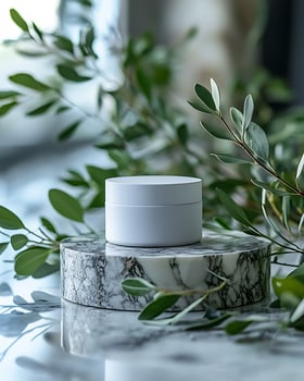 Minimalistic White Product Jar Surrounded by Greenery for Branding photo