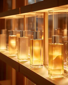 Elegant Display of Luxury Perfume Bottles in Warm Golden Lighting photo