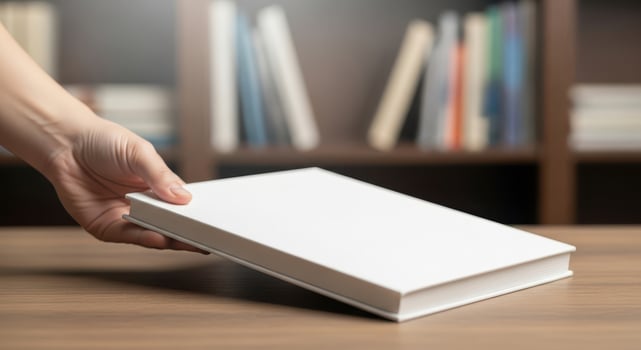 Hand holding a blank white book in front of a bookshelf photo
