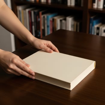 A person holding a book on a table photo