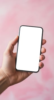 Hand holding a blank white smartphone screen on a pink background photo