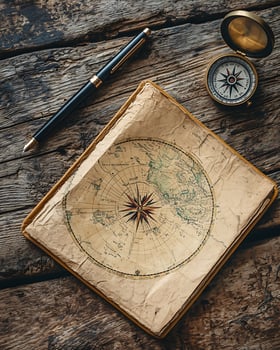 Vintage Map with Compass and Pen on Rustic Wooden Surface photo