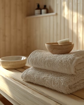Luxurious Spa Setting with Soft Towels and Wooden Accessories photo