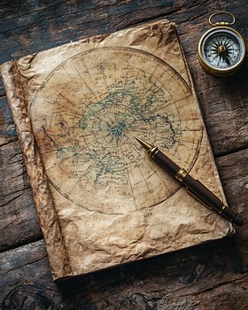 Vintage Map with Compass and Pen on Wooden Surface photo