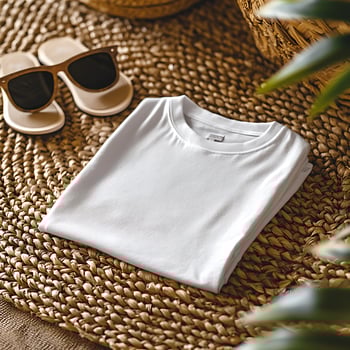 Folded White T-Shirt Displayed on Textured Woven Mat with Sunglasses photo