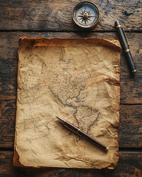Old World Map with Compass and Fountain Pen on Rustic Wooden Table photo