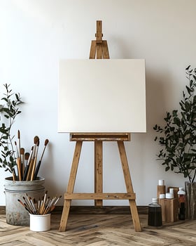 Easel With Blank Canvas Surrounded by Artist Tools in a Studio Setting photo