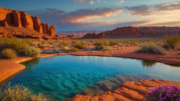 Serene Desert Oasis at Sunset with Vibrant Reflections and Colorful Wildflowers in the Foreground photo