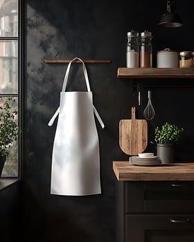Modern White Apron Hanging in Stylish Rustic Kitchen Interior Scene photo