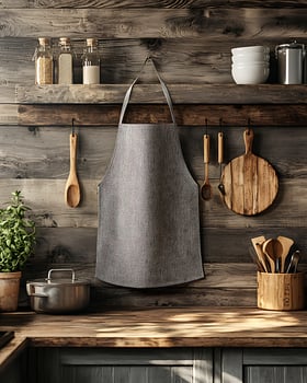 Rustic Kitchen Decor with Hanging Apron and Wooden Cooking Utensils photo