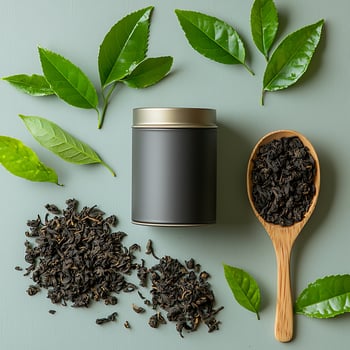 Elegant Tea Tin with Fresh Green Leaves and Loose Tea Display photo