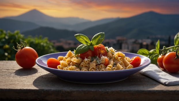 A vibrant plate of pasta garnished with fresh basil and cherry tomatoes, set against a scenic sunset view photo