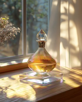 Elegant Perfume Bottle Adorned with Golden Hue on Wooden Surface photo