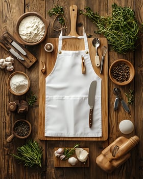 Rustic Kitchen Setting With Apron and Culinary Tools on Wooden Surface photo