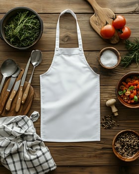 White Apron and Kitchen Tools on Rustic Wooden Table photo