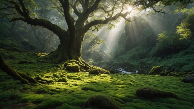 Majestic ancient tree in a lush green forest with sunlight streaming through the canopy, creating a serene atmosphere photo