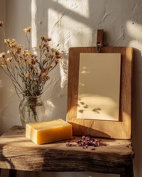 Rustic Still Life With Wooden Clipboard, Soap, and Dried Flowers photo