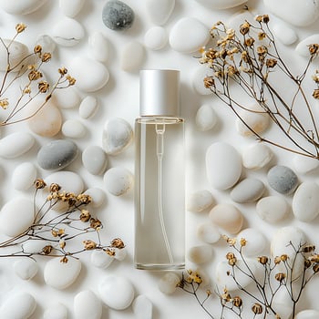 Roll-On Bottle Amidst White Pebbles and Wilted Flowers photo