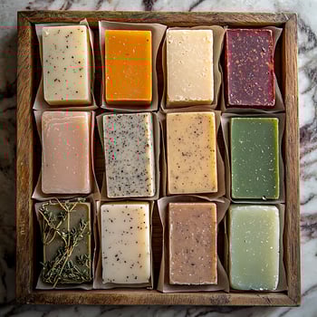 Set of Handcrafted Colorful Soap Bars Displayed in a Wooden Box photo